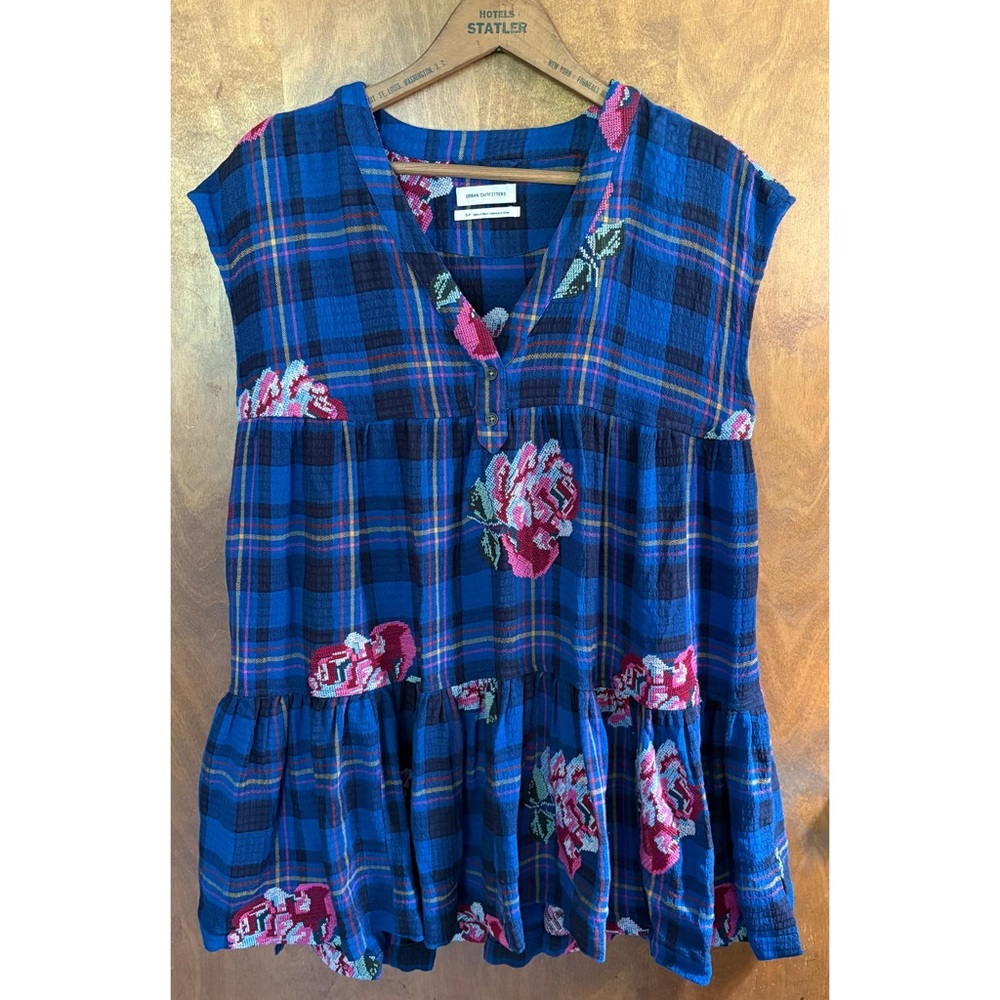 Urban Outfitters Gretta Floral Embroidered Frock Babydoll Dress Blue Plaid Y2K